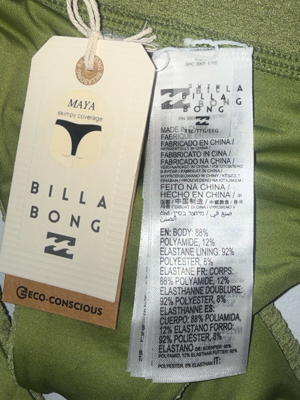 Billabong Maya Bikini Bottoms XL Green Textured Skimpy Coverage NWT - Picture 4 of 6